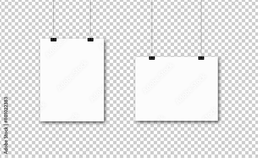 White realistic paper hanging on transparent backgrounds with shadows. White realistic paper hanging on transparent backgrounds with shadows.