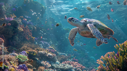 Sea turtles interacting with other marine life in a bustling reef ecosystem.  © Sheh