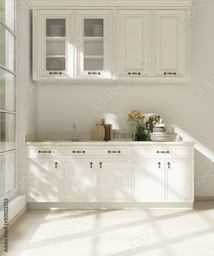 Cream white kitchen cabinet counter and cupboard with sink in sunlight from window on wood laminated parquet floor for interior design decoration, kitchenware product background 3D