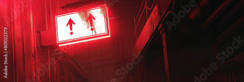 A vivid image focusing on a red emergency exit sign in a dark industrial passage photo