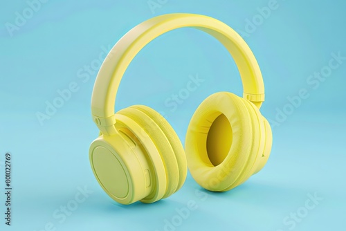 A pair of yellow wireless headphones is placed on a light blue background. Generative AI