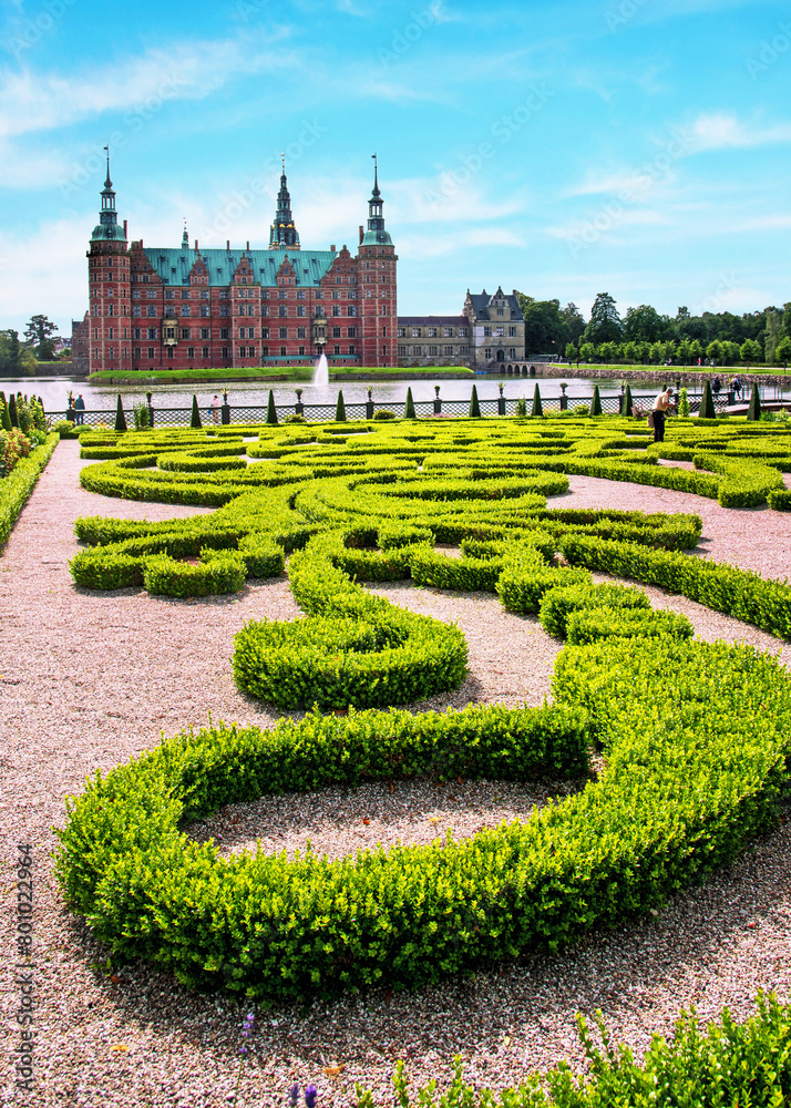 beautiful landscape with magical incredible gardens and park Frederiksborg slot Castle near Copenhagen. Hillerod, Denmark. Exotic amazing places. Popular tourist atraction.