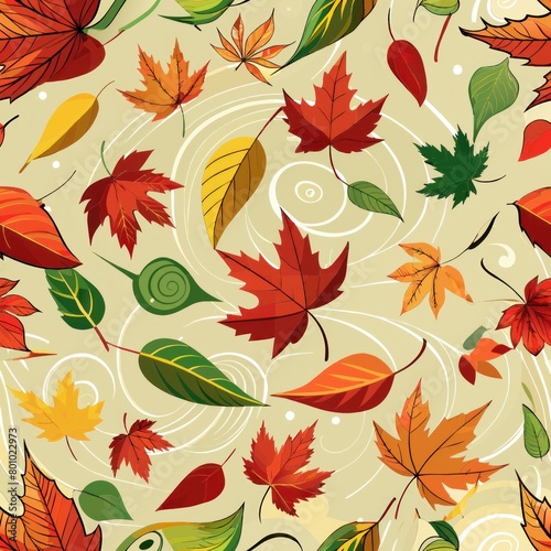Seamless pattern of colorful autumn leaves swirling in the wind, Generative AI