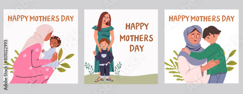 Cards set muslim mother and daughter, son. Happy Arab mom and child hugging. Smiling mom in hijab and baby girl, baby boy hugging together. Happy mothers day. Flat vector illustration.