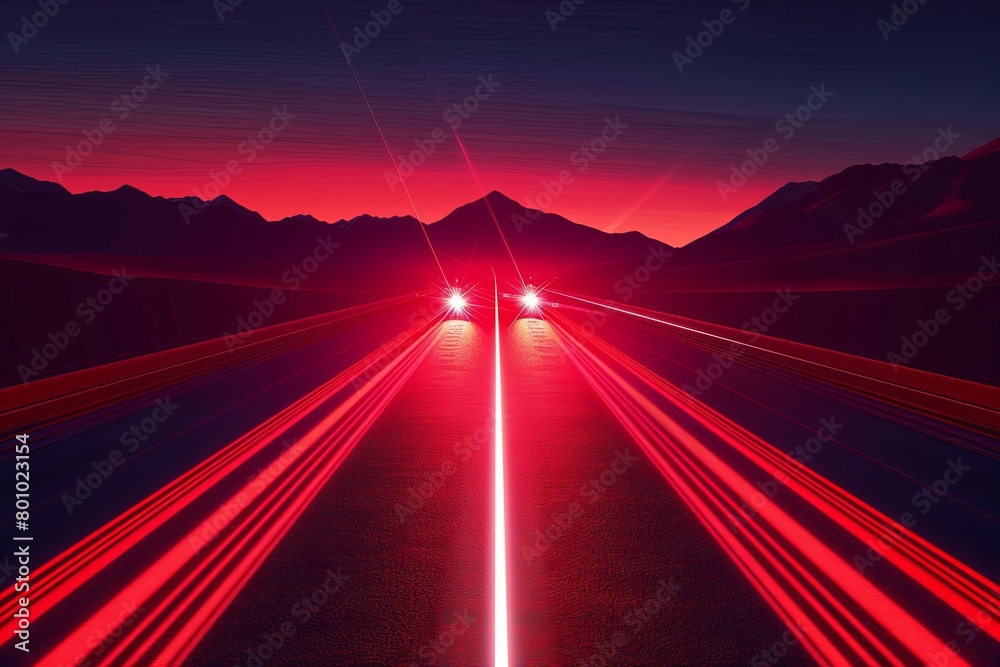 Two cars with lit up red lights are seen driving on a highway road at night, creating a glowing trail as they move forward. Generative AI Two cars with lit up red lights are seen driving on a highway road at night, creating a glowing trail as they move forward. Generative AI