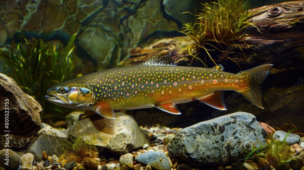 Beautiful Brook Trout Swimming in Freshwater Aquarium with Aquatic Plants - Salvelinus Fontinalis Beautiful Brook Trout Swimming in Freshwater Aquarium with Aquatic Plants - Salvelinus Fontinalis