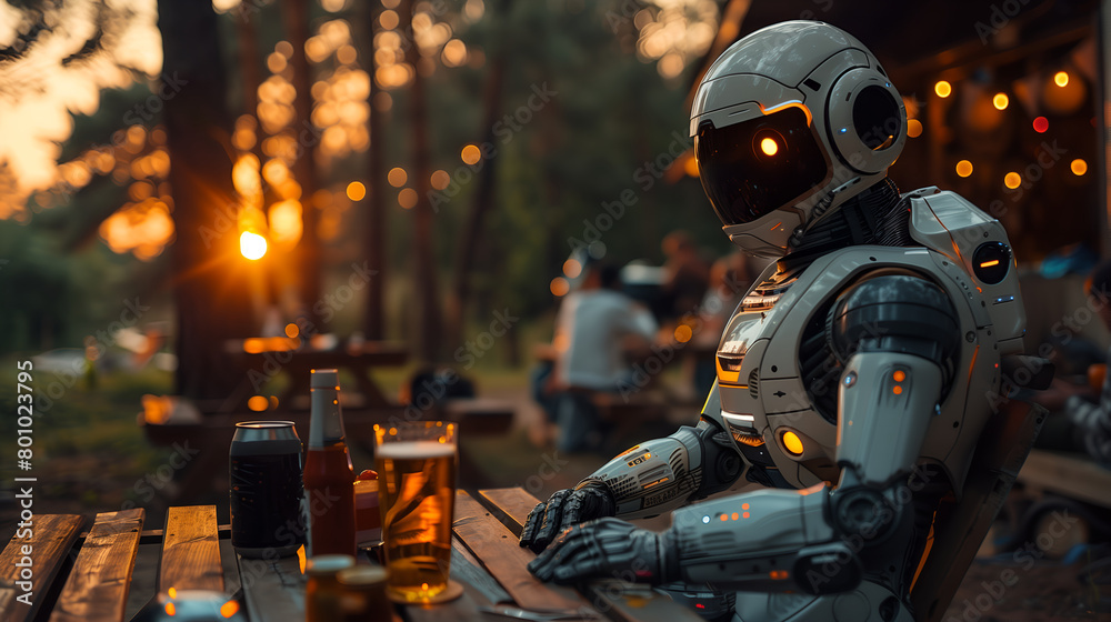 Robot sits on a table with beers and a sunset in the background Robot sits on a table with beers and a sunset in the background