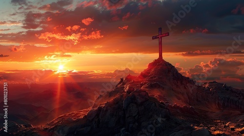 Cross on top of a mountain at sunset.