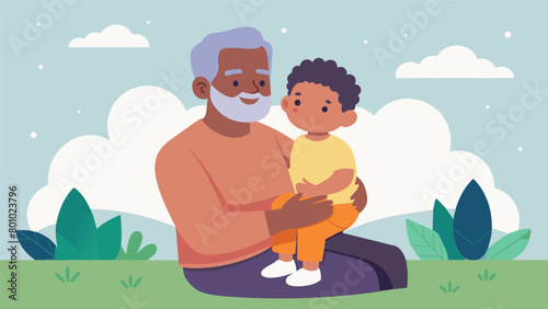 A senior man holding a young child on his lap as he shares the story of his ancestors freedom on Juneteenth.. Vector illustration