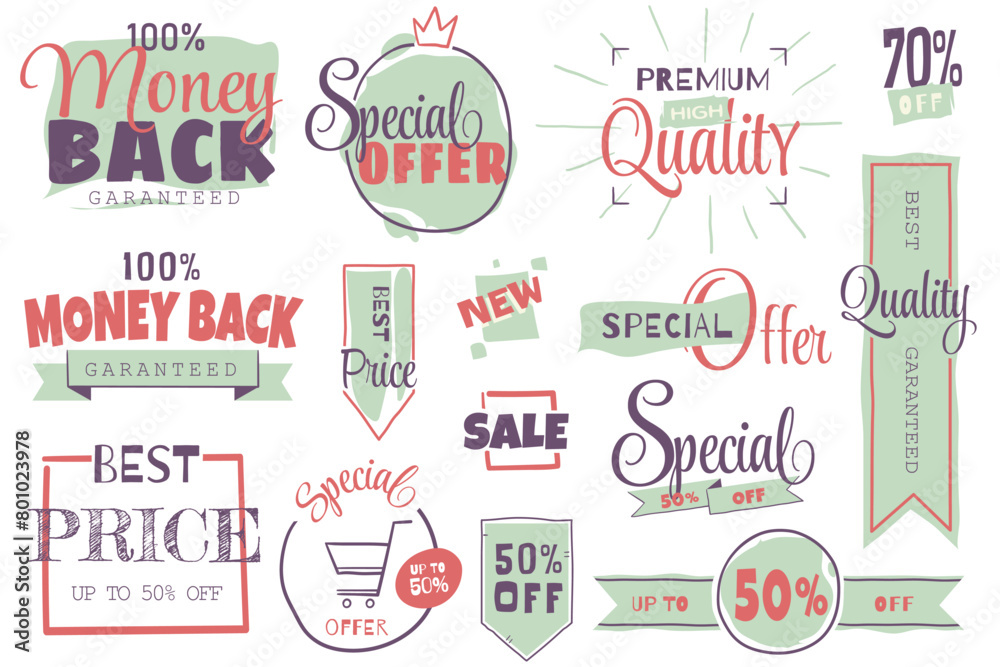 A collection of labels and stickers for sales, product promotion, special offers, and e-commerce. These vector illustrations are for creating web designs and marketing materials. A collection of labels and stickers for sales, product promotion, special offers, and e-commerce. These vector illustrations are for creating web designs and marketing materials.