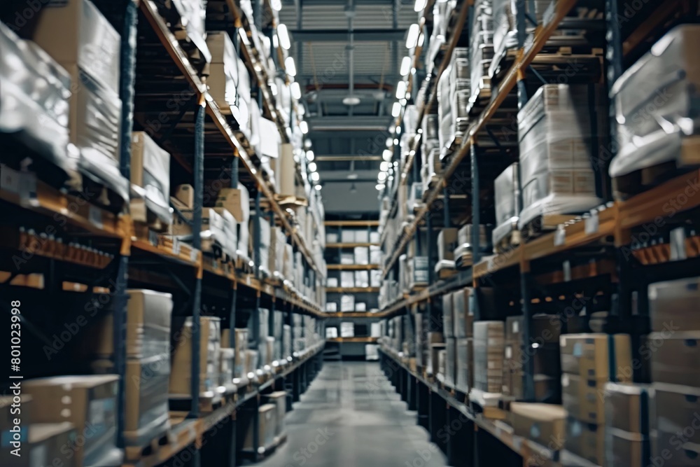 A large warehouse packed with numerous boxes stored on shelves, creating a busy and cluttered environment. Generative AI