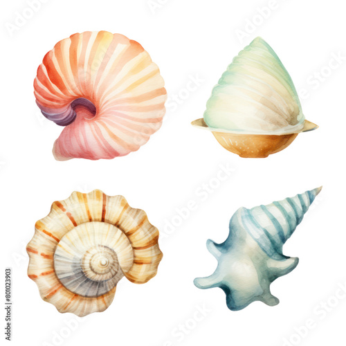 Set of cute shell watercolor transparent background