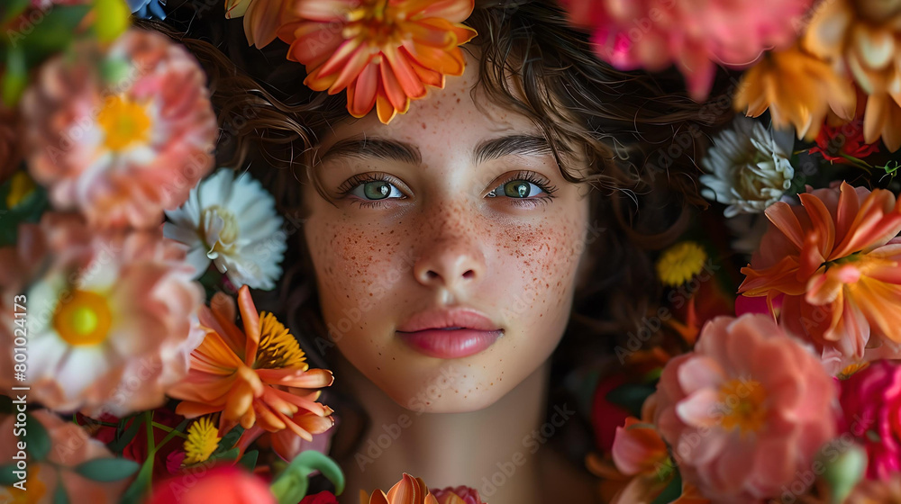 Portrait of a young woman with curly hair, surrounded by vibrant, colorful flowers.
