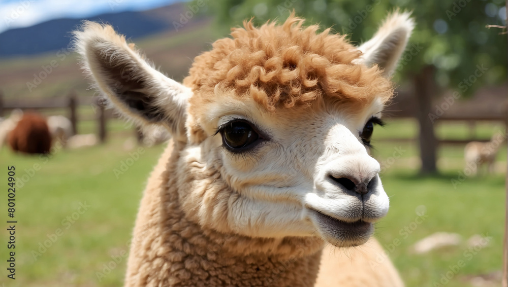 A close up of an alpaca's face. The alpaca is looking at the camera with a slightly angled head and has curly light brown fur.

