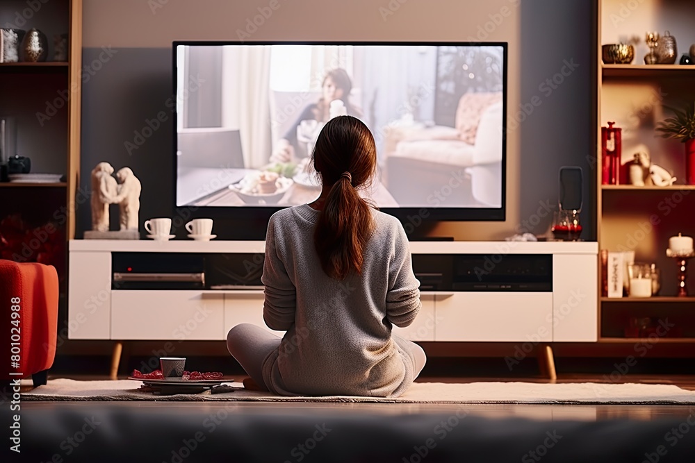 Girl sitting in front of the TV set with a plate of food Girl sitting in front of the TV set with a plate of food