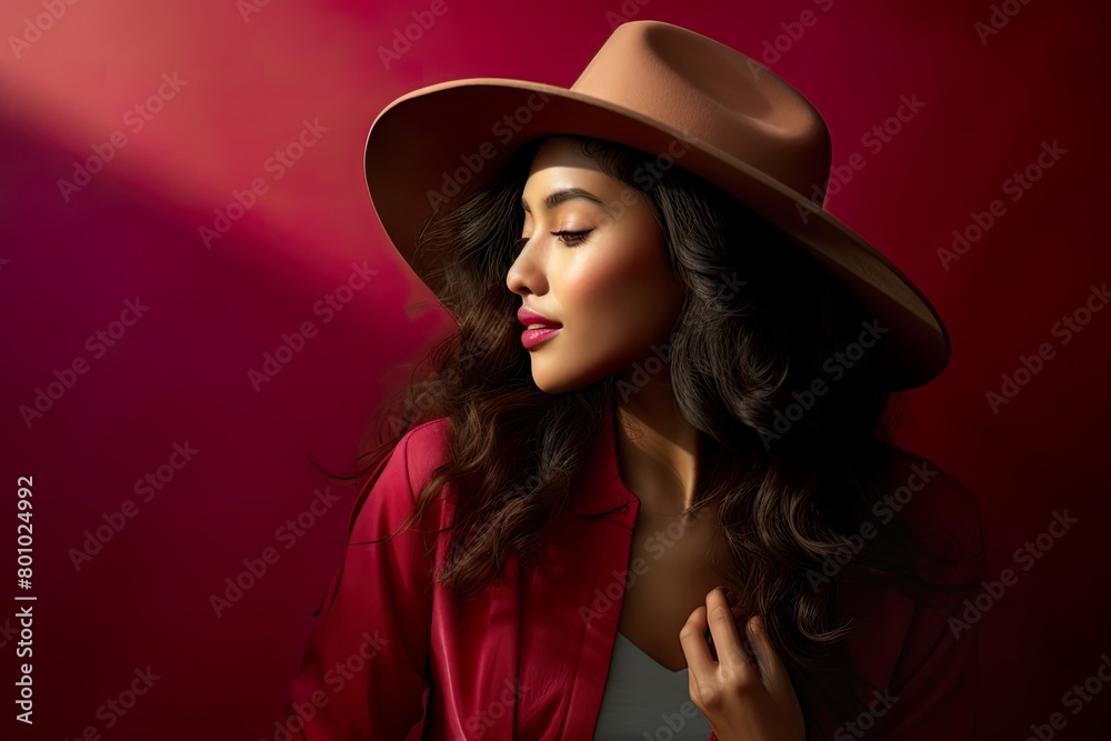 Studio portrait of Asian woman in red with hat Studio portrait of Asian woman in red with hat
