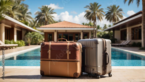 There are two suitcases by the edge of a blue swimming pool. The pool is surrounded by lounge chairs and palm trees, and there is a blue sky with white clouds in the background.   © Muzamil