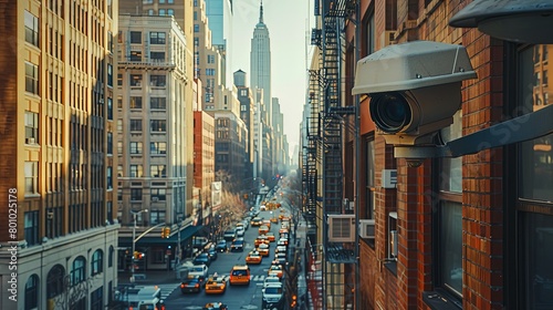 A security camera mounted on a building facade, overlooking a busy urban street, emphasizing the role of surveillance technology in crime prevention and public safety.