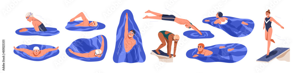 Obraz premium Professional swimmers in action, swimming and jumping off board into pool. Water sports athlete training backstroke, butterfly, crawl, freestyle. Flat vector illustration isolated on white background