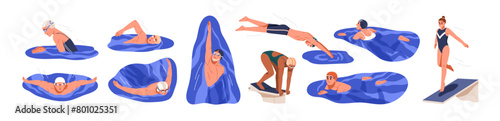 Professional swimmers in action, swimming and jumping off board into pool. Water sports athlete training backstroke, butterfly, crawl, freestyle. Flat vector illustration isolated on white background