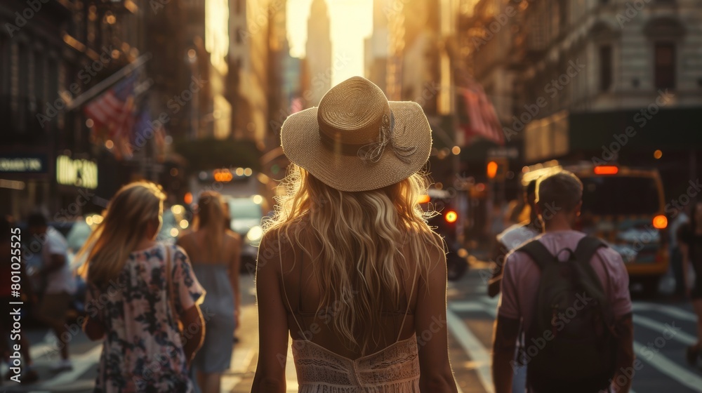 woman in a hat walks through the city
