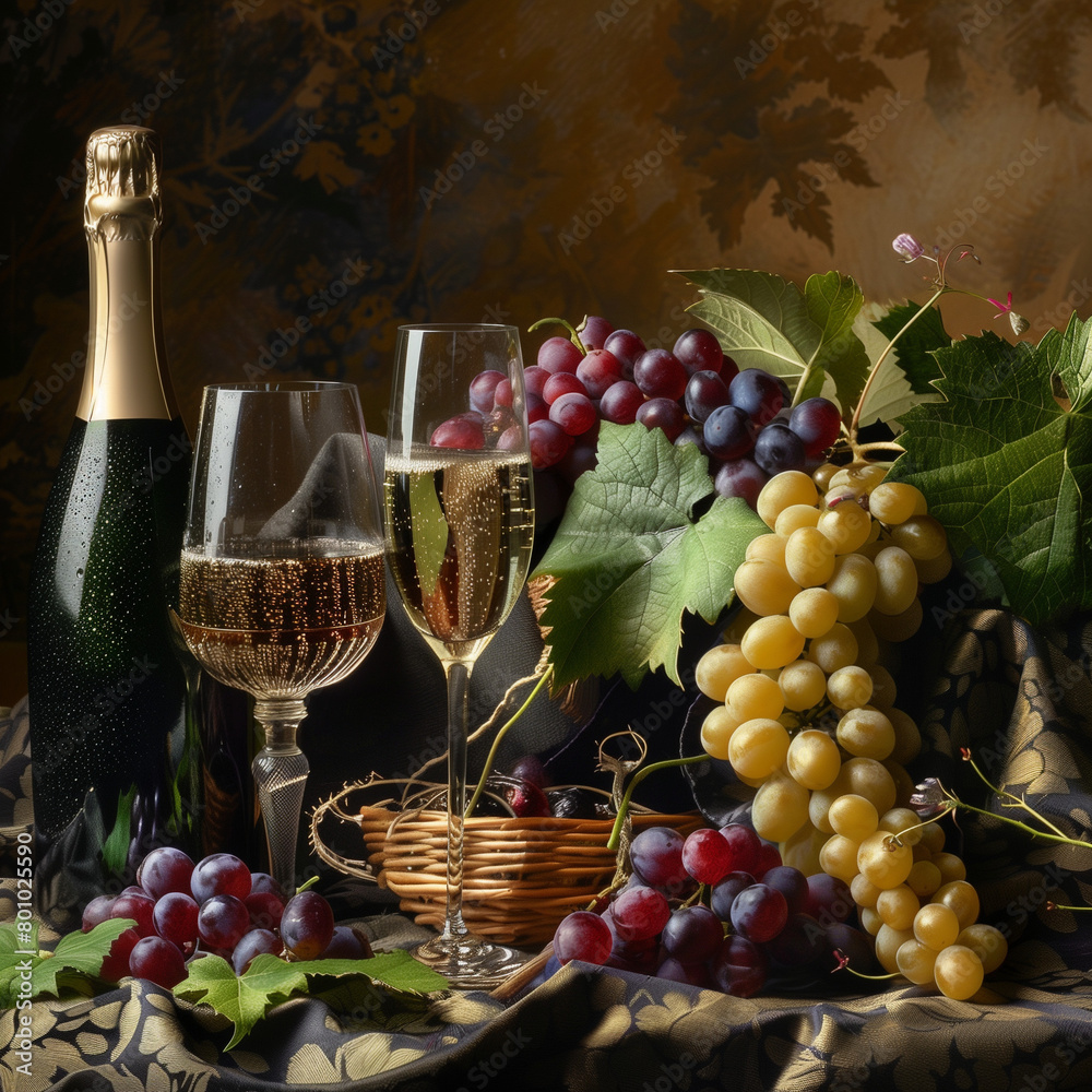 A luxurious still life arrangement featuring champagne, wine glasses, and a lush bunch of grapes, evoking a sense of celebration
