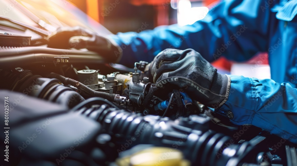 Fototapeta premium Auto mechanic working on car broken engine in mechanics service or garage