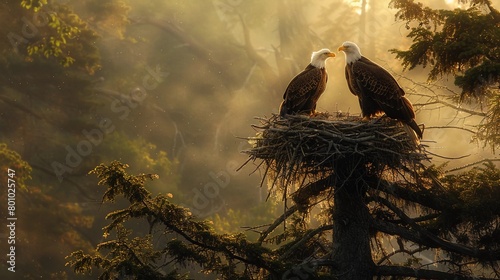 Majestic Eagles Perched On Nest Atop Pine In Misty Forest At Sunrise. Biodiversity and Birdwatching. Wildlife Banner with Copy space. AI Generated photo