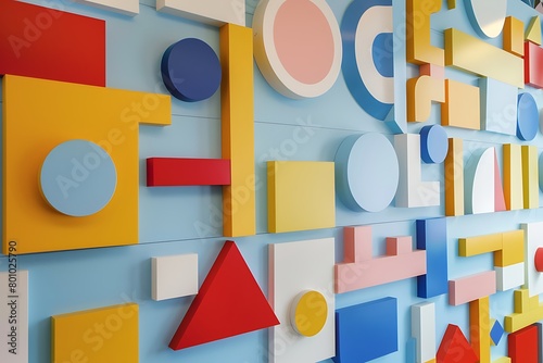 A wall of colorful geometric shapes for a children s playroom.