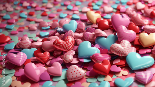 a pile of small plastic hearts with a few larger ones on top. The hearts are mostly red, pink, and blue, with some yellow and purple. They have different patterns and textures.