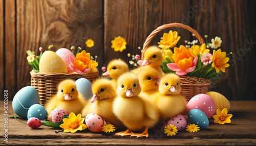 Group of little ducklings background of Easter decorations. Easter spring celebration concept © liubovyashkir