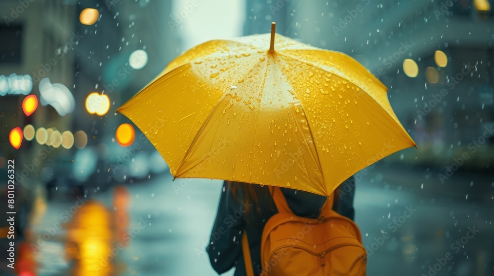Woman walking on a rainy city street while holding a bright yellow umbrella, Ai generated Images