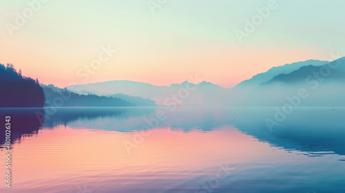 Watercolor painting depicting the beauty of a calm dawn over a misty lake with the silhouette of mountains in the distance