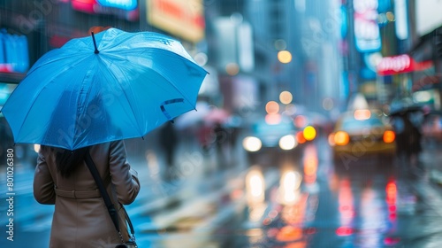 Woman walking on a rainy city street while holding a bright blue umbrella, Ai generated Images