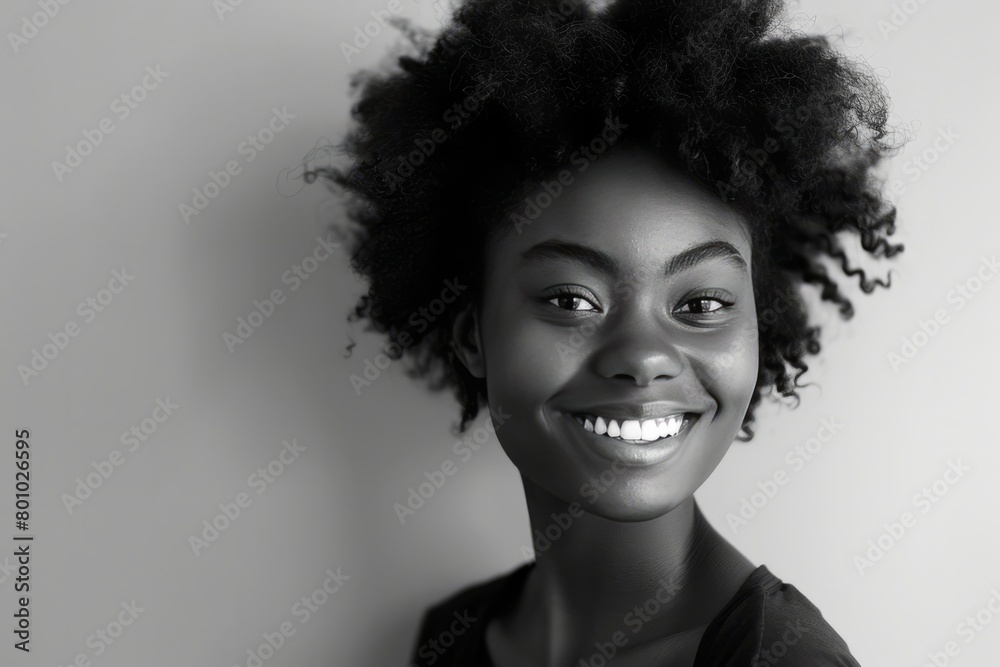 Black girl with white smile, copy space Black girl with white smile, copy space