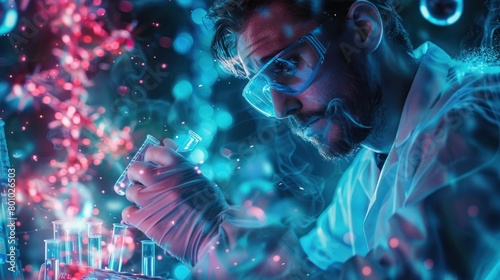 Medical innovation with a wide holographic banner showcasing scientists doing pharmaceutical research, medicine, 