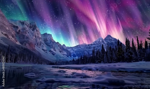 A beautiful northern lights display over snow-covered mountains and forest