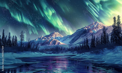 A beautiful northern lights display over snow-covered mountains and forest