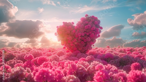 In a sea of pink flowers, a huge heart rises, and the atmosphere of Valentine's Day permeates the air, in the Rococo style, UHD, high quality