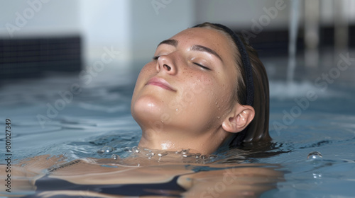 A woman is swimming in a pool and appears to be relaxed. The water is calm and the woman is floating on her back