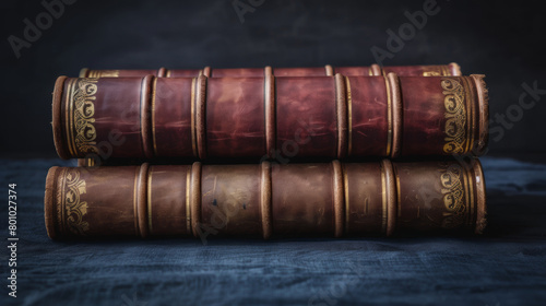 Two leather bound books stacked on top of each other. The books are old and worn, with gold embossing on the spine. Concept of history and nostalgia, as if the books hold stories