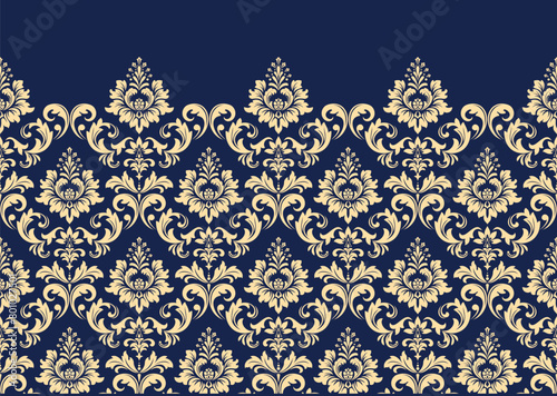 Wallpaper in the style of Baroque. Modern vector background. Dark blue and golden floral ornament. Graphic pattern for fabric, wallpaper, packaging. Ornate Damask flower ornament