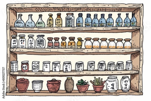 Cartoon cute doodles of a traditional Chinese medicine shop, with shelves stocked with herbs, roots, and remedies for various ailments, Generative AI