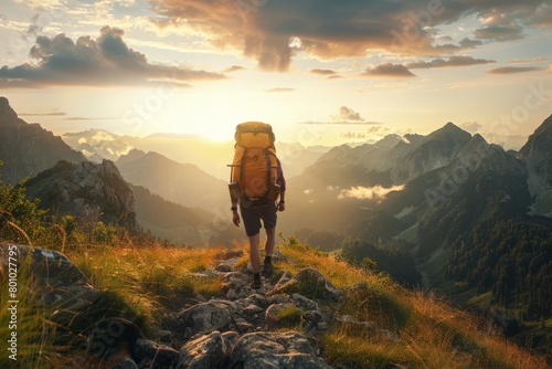 Man hiking at sunset mountains with heavy backpack Travel Lifestyle wanderlust adventure concept summer vacations outdoor alone into the wild photo