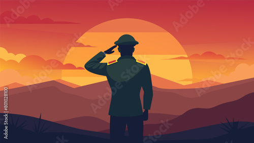 Sunset Reflection A reflective image of a soldier saluting towards a watery horizon symbolizing the hope and promise of a better future for future. Vector illustration