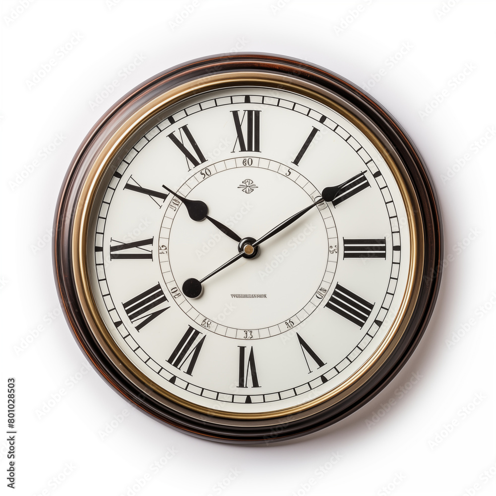Elegant wall clock with a white dial and brown wooden frame isolated on white background Elegant wall clock with a white dial and brown wooden frame isolated on white background