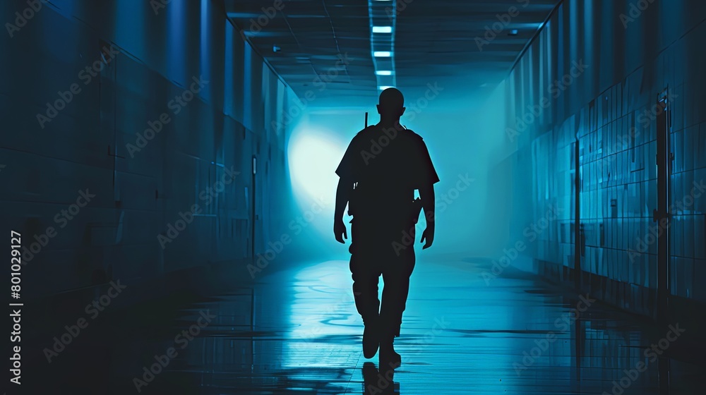 A silhouette of a security guard patrolling a dimly lit corridor, representing the human element in ensuring safety and security in various environments. A silhouette of a security guard patrolling a dimly lit corridor, representing the human element in ensuring safety and security in various environments.