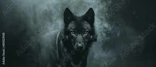 Close up on a wolf eyes on black background, grey wolf portrait with copy-space, intense stare, dusk, pack in distance, wild instinct and natural habitat's mystery. Generative ai photo