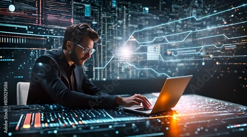 Data Symphony: Time-Lapse of Man Engrossed in Laptop Work with GUI Hologram of Big Data Science, Network Connection, and Programming Algorithm
 photo