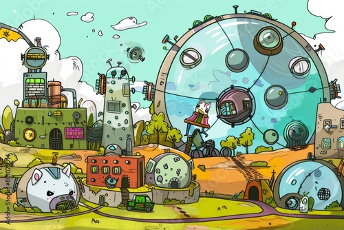 Cartoon cute doodles of a city divided into districts, where giant hamster wheels power the city's energy grid, and citizens compete in adorable races, Generative AI